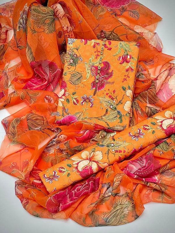 3PC Self Swiss Jacquard Lawn Fabric Digital Printed Shirt, Trouser, Chiffon Dupatta