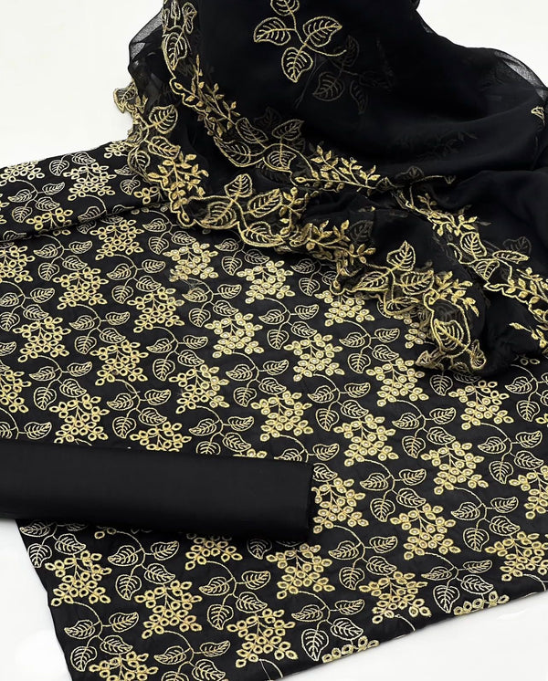 3PC Lawn Chicken Boring Shirt, Chiffon Dupatta, plain Trouser-S47-RN