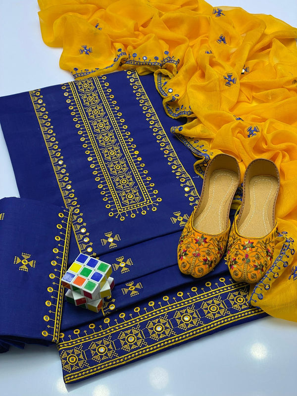 3 PC Cotton Lawn Embroidery Suit with Chiffon Dupata Plastic Mirror work